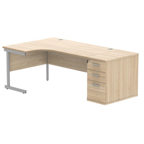Single Upright Left Hand Radial Desk + Desk High Pedestal 800mm Deep Pedestal 1600 X 1200 Canadian Oak/Silver
