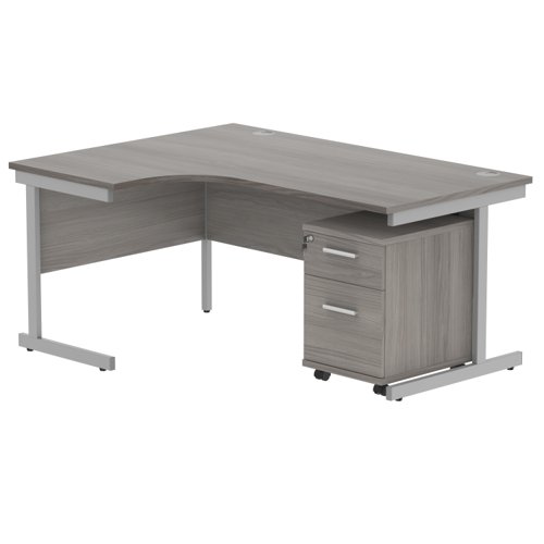 Single Upright Left Hand Radial Desk + 2 Drawer Mobile Under Desk Pedestal 1600 X 1200 Alaskan Grey Oak/Silver
