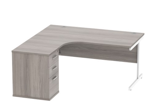 Single Upright Left Hand Radial Desk + Desk High Pedestal 600mm Deep Pedestal 1600 X 1200 Alaskan Grey Oak/Silver