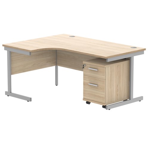 Single Upright Left Hand Radial Desk + 2 Drawer Mobile Under Desk Pedestal 1600 X 1200 Canadian Oak/Silver