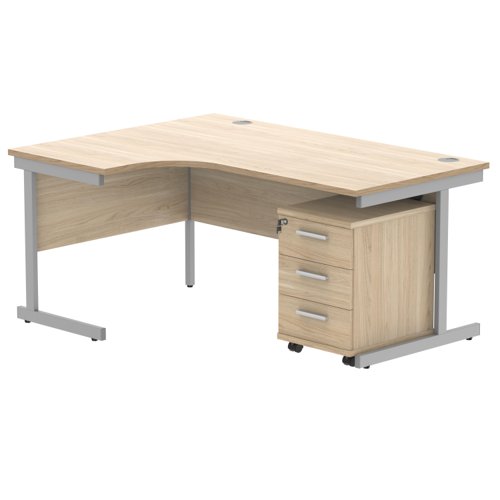 Single Upright Left Hand Radial Desk + 3 Drawer Mobile Under Desk Pedestal 1600 X 1200 Canadian Oak/Silver