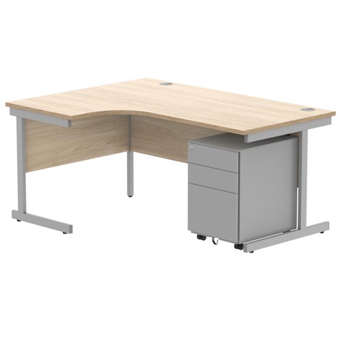 CORE Single Upright Left Hand Radial Desk + Under Desk Steel Pedestal 3 Drawers 1600 X 1200 Canadian Oak/Silver