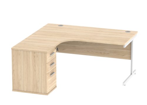 Single Upright Left Hand Radial Desk + Desk High Pedestal 600mm Deep Pedestal 1600 X 1200 Canadian Oak/White