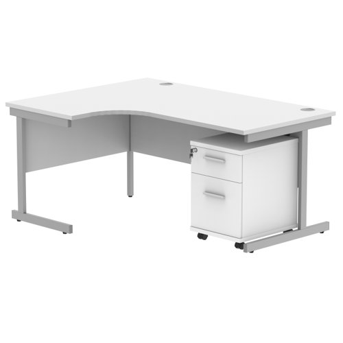 Single Upright Left Hand Radial Desk + 2 Drawer Mobile Under Desk Pedestal 1600 X 1200 Arctic White/Silver
