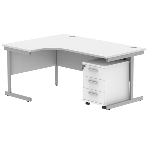 Single Upright Left Hand Radial Desk + 3 Drawer Mobile Under Desk Pedestal 1600 X 1200 Arctic White/Silver