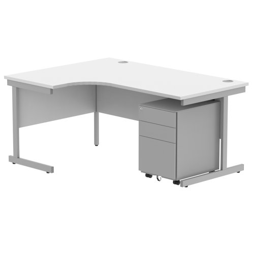 CORE Single Upright Left Hand Radial Desk + Under Desk Steel Pedestal 3 Drawers 1600 X 1200 Arctic White/Silver
