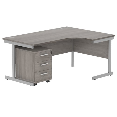 Single Upright Right Hand Radial Desk + 3 Drawer Mobile Under Desk Pedestal 1600 X 1200 Alaskan Grey Oak/Silver