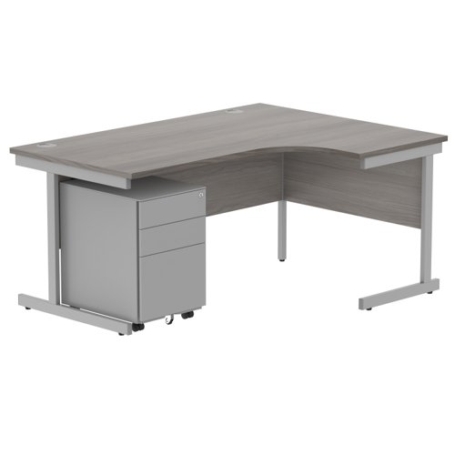 CORE Single Upright Right Hand Radial Desk + Under Desk Steel Pedestal 3 Drawers 1600 X 1200 Alaskan Grey Oak/Silver