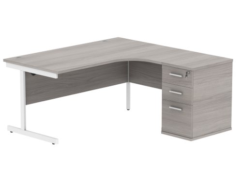 Single Upright Right Hand Radial Desk + Desk High Pedestal 600mm Deep Pedestal 1600 X 1200 Alaskan Grey Oak/White