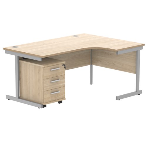 Single Upright Right Hand Radial Desk + 3 Drawer Mobile Under Desk Pedestal 1600 X 1200 Canadian Oak/Silver
