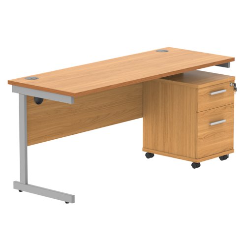 Single Upright Rectangular Desk + 2 Drawer Mobile Under Desk Pedestal (FSC) 1600 X 600 Norwegian Beech/Silver