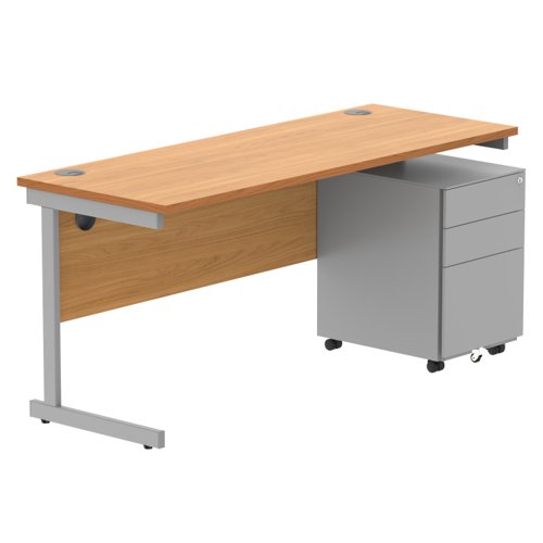 CORE Single Upright Rectangular Desk + Under Desk Steel Pedestal 3 Drawers 1600 X 600 Norwegian Beech/Silver