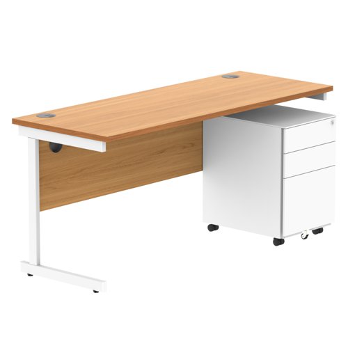 CORE Single Upright Rectangular Desk + Under Desk Steel Pedestal 3 Drawers 1600 X 600 Norwegian Beech/White