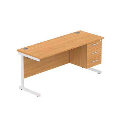 Office Rectangular Desk with Steel Single Upright Cantilever Legs + 3 Drawer Fixed Pedestal  1600X600 Norwegian Beech/White
