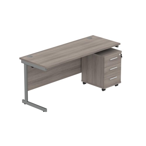 Single Upright Rectangular Desk + 3 Drawer Mobile Under Desk Pedestal  1600 X 600 Alaskan Grey Oak/Graphite