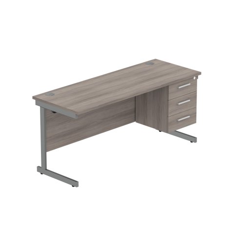 Office Rectangular Desk with Steel Single Upright Cantilever Legs + 3 Drawer Fixed Pedestal (FSC) 1600X600 Alaskan Grey Oak/Graphite