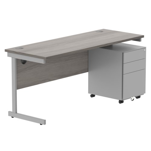 CORE Single Upright Rectangular Desk + Under Desk Steel Pedestal 3 Drawers 1600 X 600 Alaskan Grey Oak/Silver
