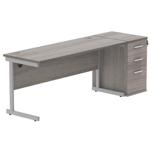 Single Upright Rectangular Desk + Desk High Pedestal 1600 X 600 Alaskan Grey Oak/Silver