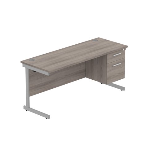 Office Rectangular Desk with Steel Single Upright Cantilever Legs + 2 Drawer Fixed Pedestal (FSC) 1600X600 Alaskan Grey Oak/Silver