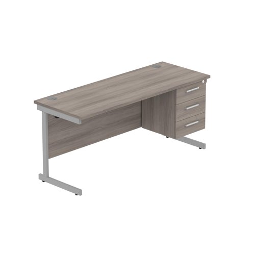 Office Rectangular Desk with Steel Single Upright Cantilever Legs + 3 Drawer Fixed Pedestal  1600X600 Alaskan Grey Oak/Silver