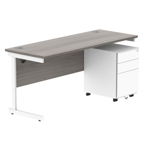 CORE Single Upright Rectangular Desk + Under Desk Steel Pedestal 3 Drawers 1600 X 600 Alaskan Grey Oak/White