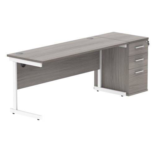 Single Upright Rectangular Desk + Desk High Pedestal 1600 X 600 Alaskan Grey Oak/White