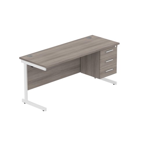 Office Rectangular Desk with Steel Single Upright Cantilever Legs + 3 Drawer Fixed Pedestal (FSC) 1600X600 Alaskan Grey Oak/White
