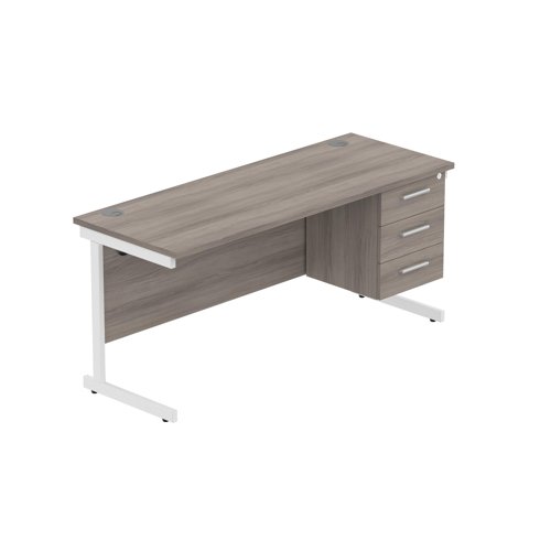 Office Rectangular Desk with Steel Single Upright Cantilever Legs + 3 Drawer Fixed Pedestal  1600X600 Alaskan Grey Oak/White