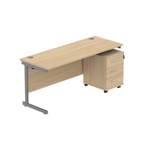 Single Upright Rectangular Desk + 3 Drawer Mobile Under Desk Pedestal (FSC) 1600 X 600 Canadian Oak/Graphite