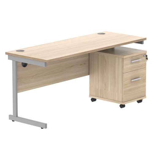 Single Upright Rectangular Desk + 2 Drawer Mobile Under Desk Pedestal (FSC) 1600 X 600 Canadian Oak/Silver