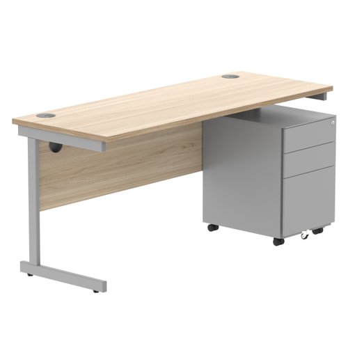 CORE Single Upright Rectangular Desk + Under Desk Steel Pedestal 3 Drawers 1600 X 600 Canadian Oak/Silver