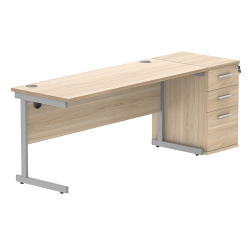 Single Upright Rectangular Desk + Desk High Pedestal (FSC) 1600 X 600 Canadian Oak/Silver