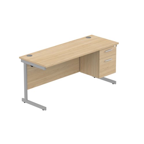 Office Rectangular Desk with Steel Single Upright Cantilever Legs + 2 Drawer Fixed Pedestal  1600X600 Canadian Oak/Silver