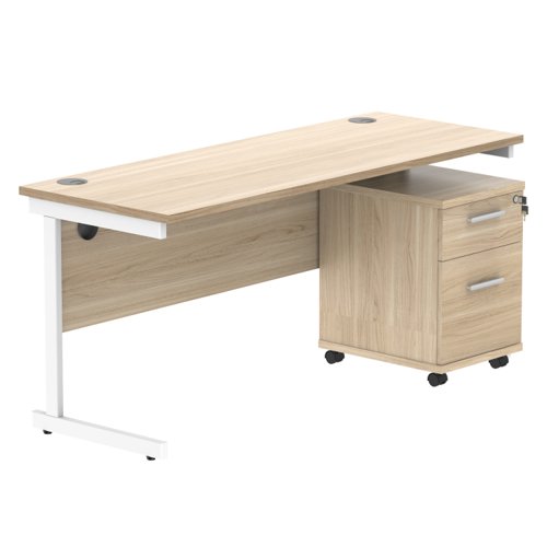 Single Upright Rectangular Desk + 2 Drawer Mobile Under Desk Pedestal (FSC) 1600 X 600 Canadian Oak/White