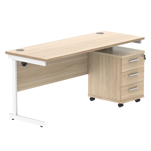 Single Upright Rectangular Desk + 3 Drawer Mobile Under Desk Pedestal (FSC) 1600 X 600 Canadian Oak/White