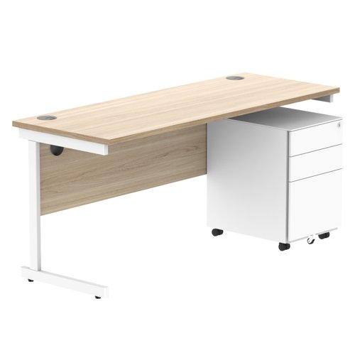 CORE Single Upright Rectangular Desk + Under Desk Steel Pedestal 3 Drawers 1600 X 600 Canadian Oak/White