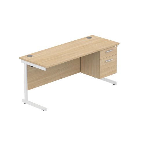 Office Rectangular Desk with Steel Single Upright Cantilever Legs + 2 Drawer Fixed Pedestal  1600X600 Canadian Oak/White