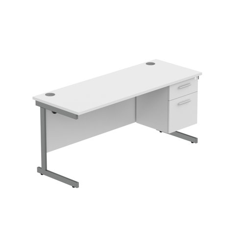 Office Rectangular Desk with Steel Single Upright Cantilever Legs + 2 Drawer Fixed Pedestal  1600X600 Arctic White/Graphite
