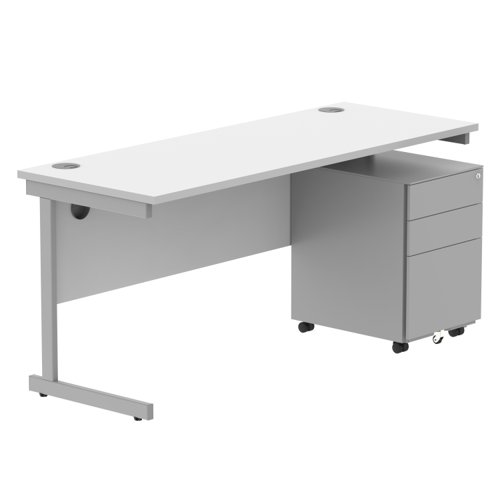 CORE Single Upright Rectangular Desk + Under Desk Steel Pedestal 3 Drawers 1600 X 600 Arctic White/Silver