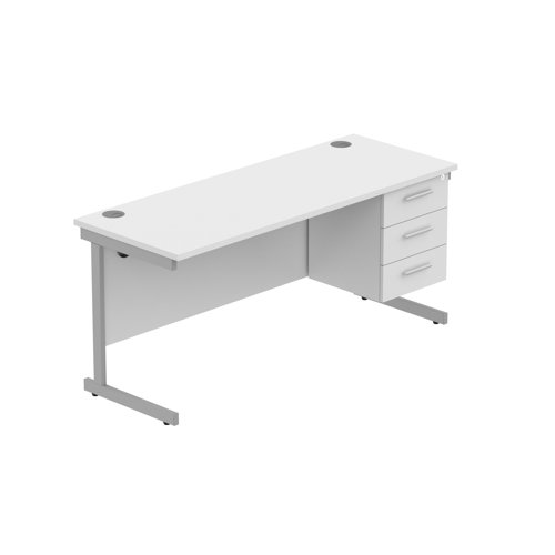 Office Rectangular Desk with Steel Single Upright Cantilever Legs + 3 Drawer Fixed Pedestal  1600X600 Arctic White/Silver