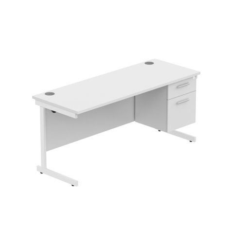 Office Rectangular Desk with Steel Single Upright Cantilever Legs + 2 Drawer Fixed Pedestal  1600X600 Arctic White/White