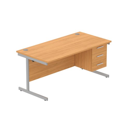 Office Rectangular Desk with Steel Single Upright Cantilever Legs + 3 Drawer Fixed Pedestal  1600X800 Norwegian Beech/Silver