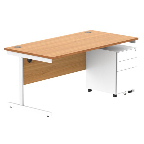 CORE Single Upright Rectangular Desk + Under Desk Steel Pedestal 3 Drawers (FSC) 1600 X 800 Norwegian Beech/White