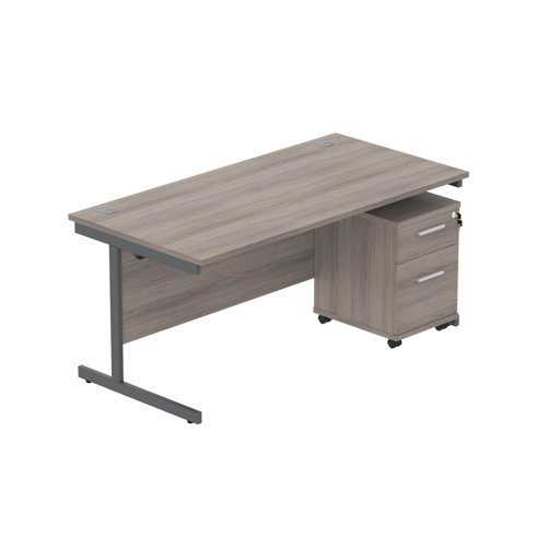 Single Upright Rectangular Desk + 2 Drawer Mobile Under Desk Pedestal  1600 X 800 Alaskan Grey Oak/Graphite