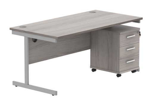 Single Upright Rectangular Desk + 3 Drawer Mobile Under Desk Pedestal (FSC) 1600 X 800 Alaskan Grey Oak/Silver