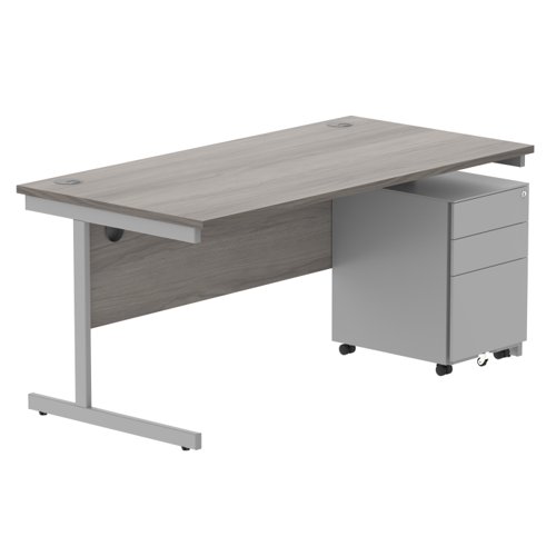 CORE Single Upright Rectangular Desk + Under Desk Steel Pedestal 3 Drawers (FSC) 1600 X 800 Alaskan Grey Oak/Silver