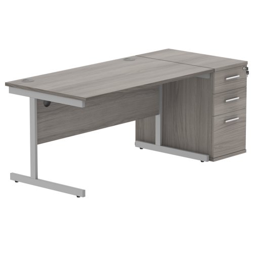Single Upright Rectangular Desk + Desk High Pedestal 1600 X 800 Alaskan Grey Oak/Silver