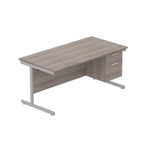 Office Rectangular Desk with Steel Single Upright Cantilever Legs + 2 Drawer Fixed Pedestal (FSC) 1600X800 Alaskan Grey Oak/Silver