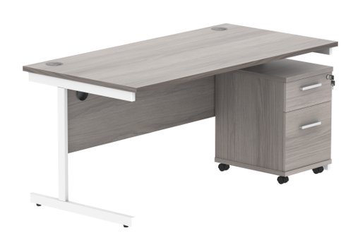 Single Upright Rectangular Desk + 2 Drawer Mobile Under Desk Pedestal (FSC) 1600 X 800 Alaskan Grey Oak/White