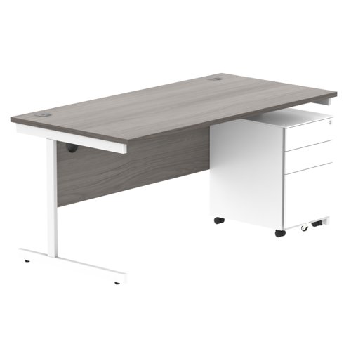 CORE Single Upright Rectangular Desk + Under Desk Steel Pedestal 3 Drawers (FSC) 1600 X 800 Alaskan Grey Oak/White